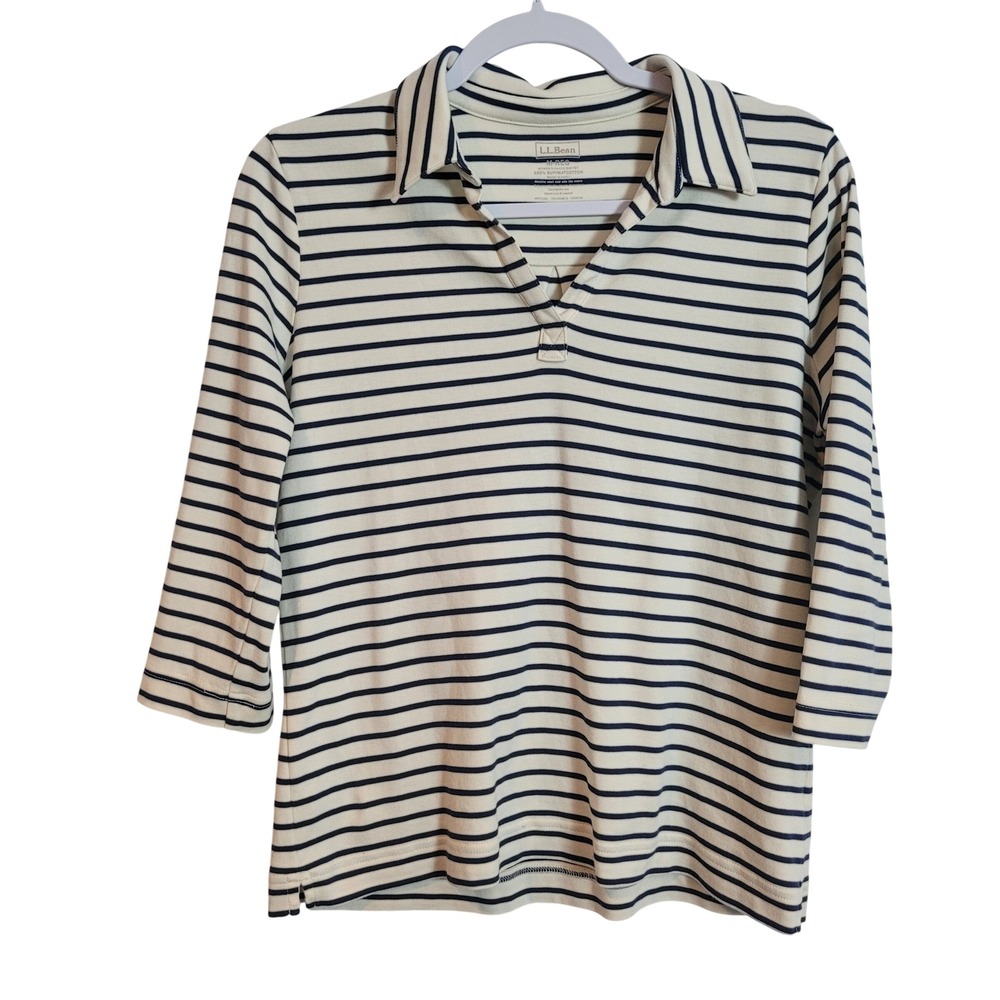 LL Bean Womens M Striped Supima Cotton 3/4 Sleeve V-Neck Polo Shirt Navy Cream